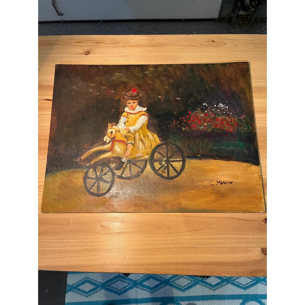 Vintage C. Merow Oil Painting Child on Horse Tricycle 12x16 Canvas Board